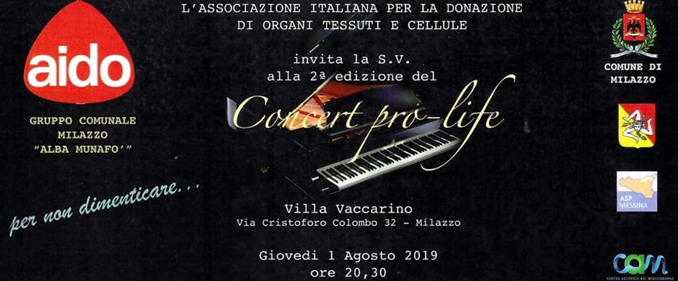 Milazzo, l’1 Agosto la seconda edizione del Concert pro-life a cura del gruppo comunale Aido “Alba Munafò”
