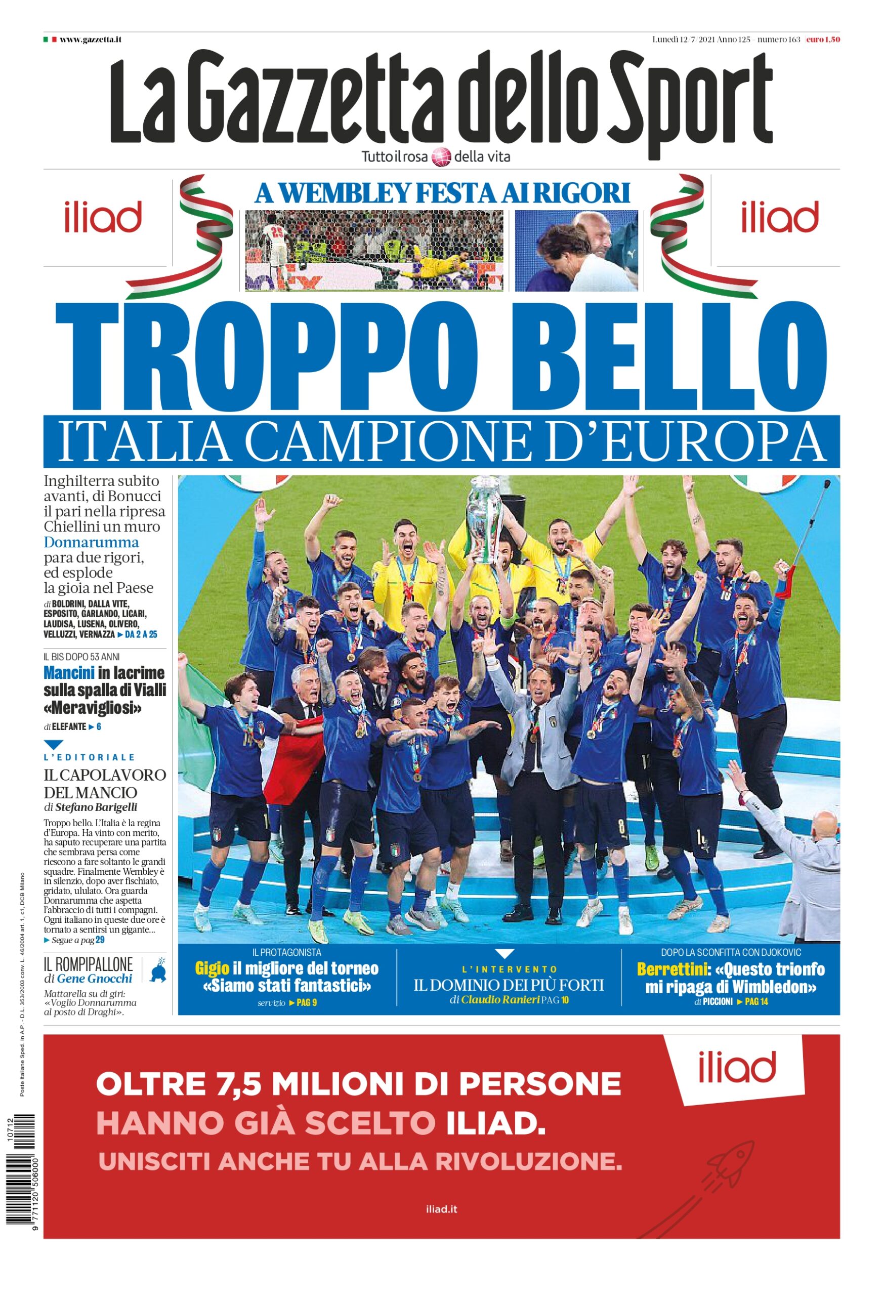 Italia campione d’Europa. Le aperture dei quotidiani del 12 luglio 2021